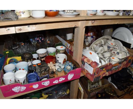 FOUR BOXES OF ASSORTED GLASSWARE AND CERAMICS to include a box of mostly 'Camargue' dinner and tea wares comprising teapots, 