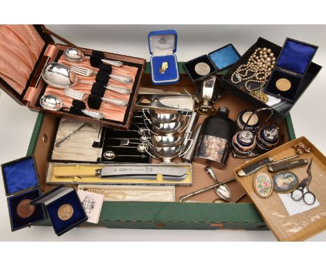 A BOX OF ASSORTED ITEMS, to include a white metal, leather and glass flask, salt and pepper shakers, a cased set of coffee sp