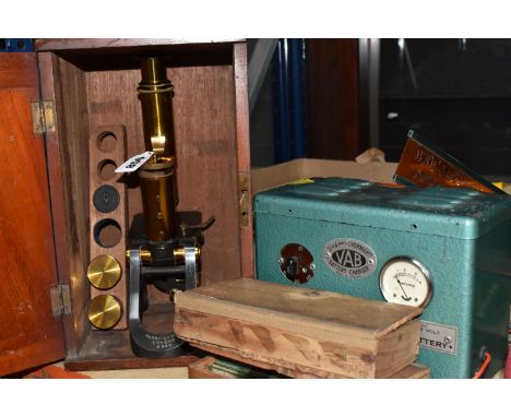 TWO BOXES AND LOOSE VINTAGE ENGINEERING AND SCIENTIFIC EQUIPMENT to include a cased Henry Crouch microscope marked 'London 56