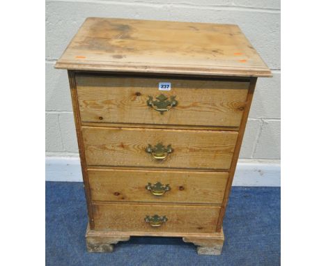A PINE CHEST OF FOUR DRAWERS, raised on bracket feet, width 55cm x depth 42cm x height 81cm, condition report: marks, scuffs,