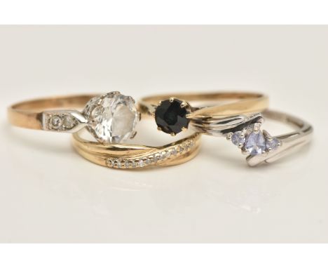FOUR GEM SET RINGS, the first a yellow gold single stone ring, set with a circular cut blue sapphire, hallmarked 9ct Birmingh