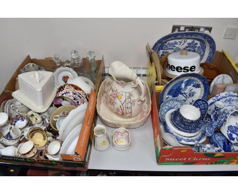 FOUR BOXES AND LOOSE CERAMICS to include a box of assorted blue and white ceramics to include a Ridgeways tureen, a Burleigh 