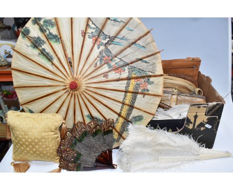ONE BOX OF VINTAGE HANDBAGS AND FEATHER FANS, to include two beige leather Radley handbags, two vintage snakeskin handbag, a 