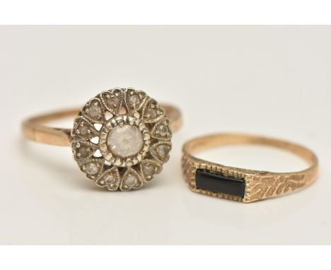 TWO 9CT GOLD RINGS, the first a small onyx set ring, hallmarked 9ct London, ring size I, together with a cluster ring set wit