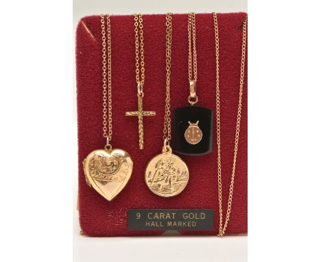 TWO 9CT GOLD PENDANT NECKLACES AND A 9CT BACK AND FRONT HEART LOCKET AND ONE OTHER, to include a 9ct gold cross pendant, hall