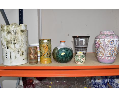 A GROUP OF EIGHT STUDIO POTTERY ITEMS to include a Guy Sydenham for Poole Pottery bulbous narrow necked vase, bearing the pot