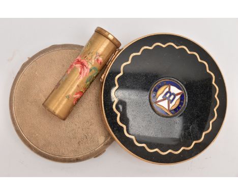A SILVER COMPACT, ENAMEL COMPACT AND A LIPSTICK HOLDER, the silver engine turned pattern compact fitted with a push button cl