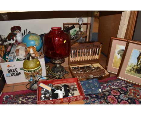 TWO BOXES AND LOOSE MISCELLANEOUS ITEMS to include vintage Scrabble and jigsaw games, a plastic globe, plush cats, a vintage 