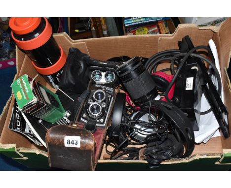 A BOX OF ASSORTED AUDIO VISUAL ITEMS to include a Fujiyama AF Zoom 1:3.5-5.6 f=28-200mm lens and a Hanimex Wide-Auto 1:2.8 f=