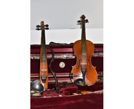 TWO CASED VIOLINS, one electric, the other with an attached pick-up,  comprising a Yamaha Silent Violin model SV-100, serial 