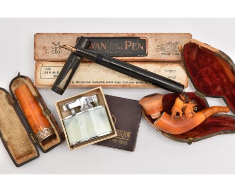 AN ASSORTMENT OF ITEMS, to include a fountain pen, fitted with a nib stamped 14ct, a 'Penguin' superlative automatic lighter,