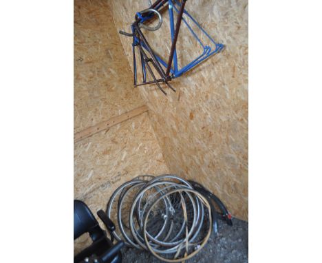 TWO VINTAGE BIKE FRAMES AND WHEELS including Crowther and Barker ' Mercian' 23in frame in original paint but front forks deta