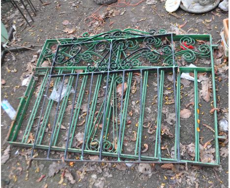 THREE MODERN WROUGHT IRON GATE PANELS, including a double driveway gate with latch and hinge brackets each 123cm wide, all th