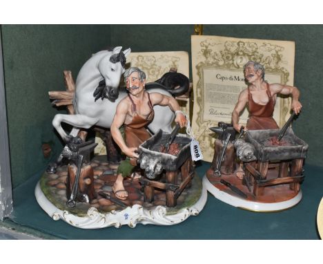 TWO CAPODIMONTE SCULPTURES OF BLACKSMITHS, each depicting a blacksmith at his forge, the larger piece including a grey horse,