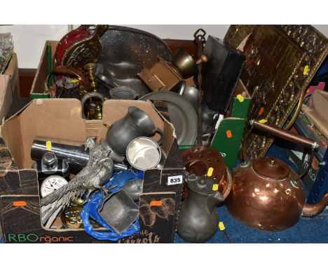 TWO BOXES AND LOOSE METALWARES to include a pair of pewter pheasants, a copper teapot, assorted plated cutlery, a quantity of
