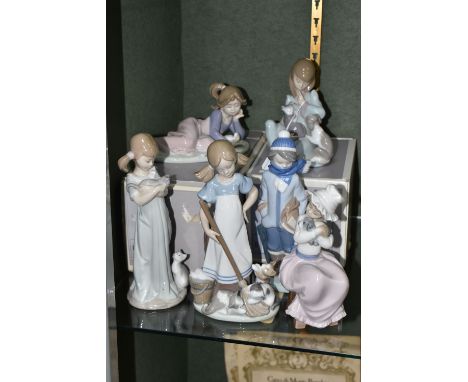 SIX LLADRO AND NAO FIGURES, comprising Lladro: Cat Nap no 5640, sculptor Juan Huerta, issued 1990-, with box, Playful Friends