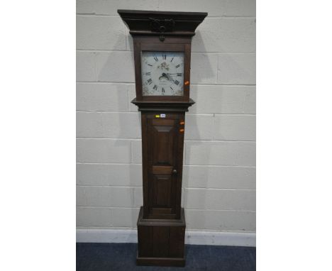 AN OAK CASED 30 HOUR LONGCASE CLOCK, with an overhanging cornice, the square glass door enclosing an 11 inch enamel dial, dep