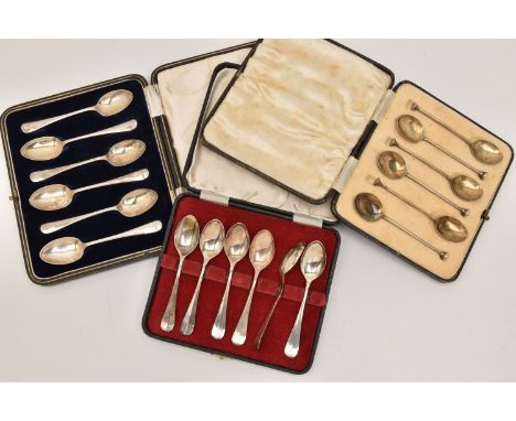 THREE CASED SETS OF SILVER SPOONS, the first a set of six Old English pattern coffee spoons, hallmarked 'Viner's Ltd (Emile V