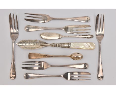 A SMALL ASSORTMENT OF CUTLERY, to include a set of six Old English pattern cake forks, hallmarked 'Deykin &amp; Harrison' Bir