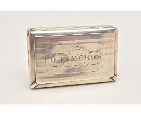 A VICTORIAN 'NATHANIAL MILLS' SILVER SNUFF BOX, of a rectangular form with engine turned pattern and engraved to the hinged c
