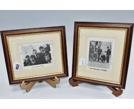 THE ROLLING STONES, Two signed, framed Photocards of the band, featuring the signatures of Mick Jagger, Keith Richard, Brian 