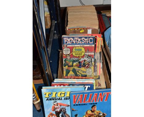TWO BOXES OF VINTAGE COMICS AND ANNUALS to include three Marvel 'Fantastic' comics comprising No. 13, No. 16, and No. 21, sev