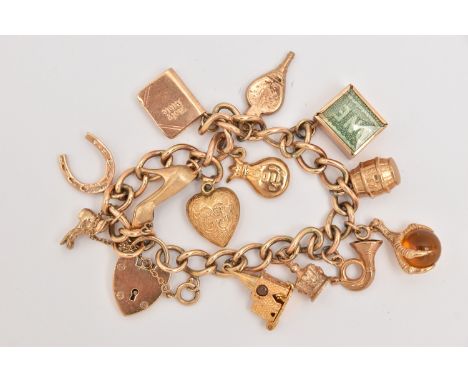 A 9CT GOLD CHARM BRACELET, curb link bracelet, fitted with multiple charms to include a bank note charm, puffy heart, horsesh