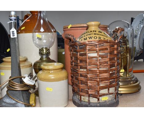 A GROUP OF LARGE DECORATIVE ITEMS to include a hand-beaten Mayflower pewter lamp base with a triangular base height 39cm (unt