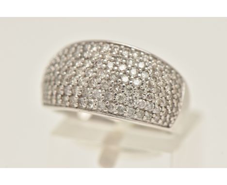 A MODERN DIAMOND SET DOME RING, white metal dome ring pave set with round brilliant cut diamonds, approximate width at the wi