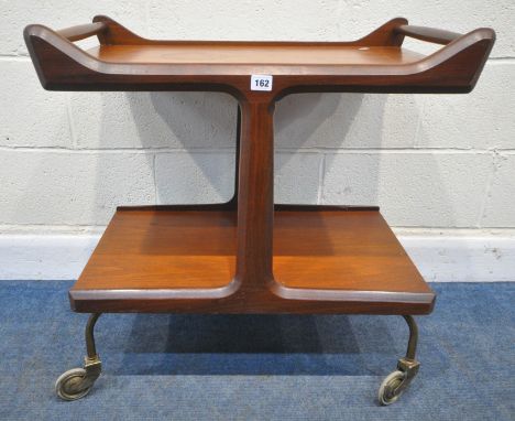 A DANISH MID-CENTURY TEAK TWO TIER TROLLEY, each side with raised ends, with twin turned handles, shaped tapered supports, ra
