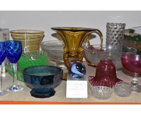 A GROUP OF COLOURED GLASS, comprising two clear glass Stuart Crystal 'Jasper Conran' design fruit bowls, a seven piece Uraniu