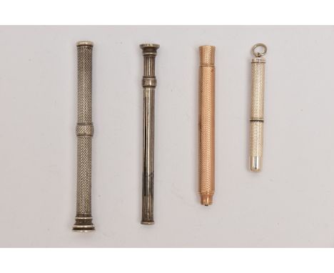 THREE PROPELLING PENCILS AND A SILVER TOOTHPICK, to include two engine turned pattern white metal pencils both stamped 'S. Mo