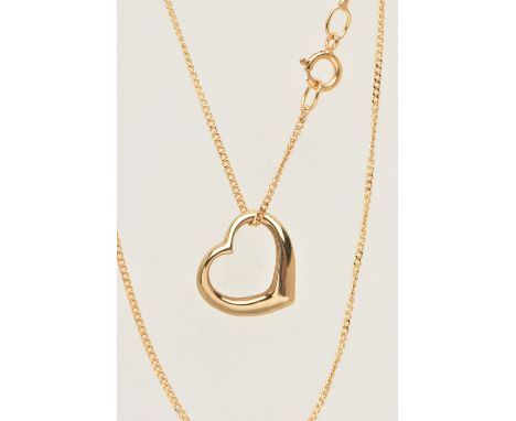 A YELLOW METAL HEART PENDANT AND CHAIN, open work polished heart, unmarked, approximate width 11.6mm, height 10.6mm, suspende