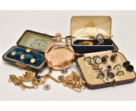 AN ASSORTMENT OF ITEMS, to include a gold plated full hunter pocket watch, a pair of gold plated silver cufflinks, hallmarked