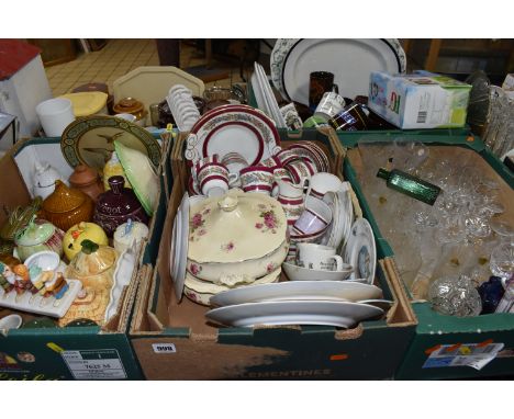 FIVE BOXES OF CERAMICS AND GLASS WARE, to include a collection of novelty vegetable face pots by Price Kensington, Sadler and