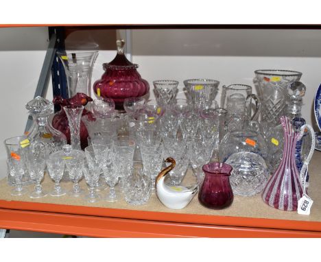 A COLLECTION OF GLASSWARE to include five small Caithness 'Crystal Panache' glasses, a large pedestal cranberry glass bonbon 