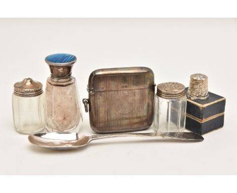 A SMALL ASSORTMENT OF SILVER, to include a glass scent bottle fitted with a silver lid inlayed with a butterfly wing, hallmar
