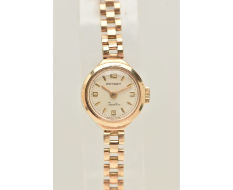 A LADIES 9CT GOLD 'ROTARY' WRISTWATCH, manual wind, round silvered dial signed 'Rotary', Arabic numerals and baton markers, p