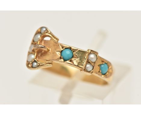 A 9CT GOLD BUCKLE RING, a flat yellow gold band with buckle detail set with turquoise and seed pearls, approximate band width