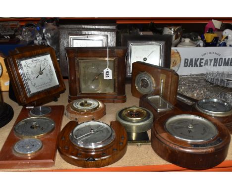 A COLLECTION OF BAROMETERS, comprising four Art Deco style square barometers, an S.B barometer mounted on a , a metal stop wa