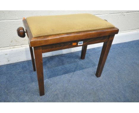 A LATE 20TH CENTURY RISE AND FALL PIANO STOOL, width 64cm x depth 33cm x height 46cm, condition report: mechanism faulty so d