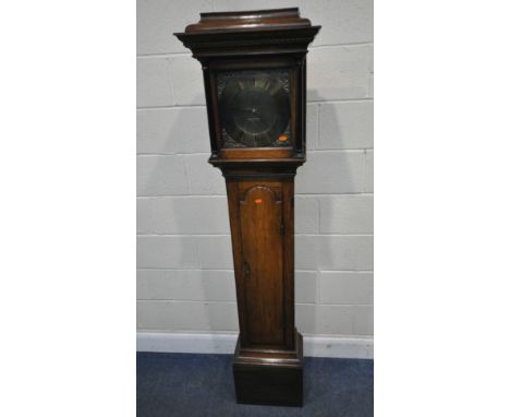 A GEORGIAN OAK 30 HOUR LONGCASE CLOCK, with a shaped cornice, the glass door enclosing a 10 inch brass dial, depicting Roman 