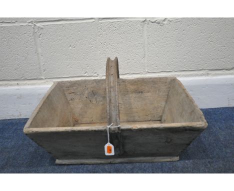 A RUSTIC WOODEN FLOWER TRUG, with a bent metal handle, width 48cm x depth 36cm x height 30cm, condition report: historical wo