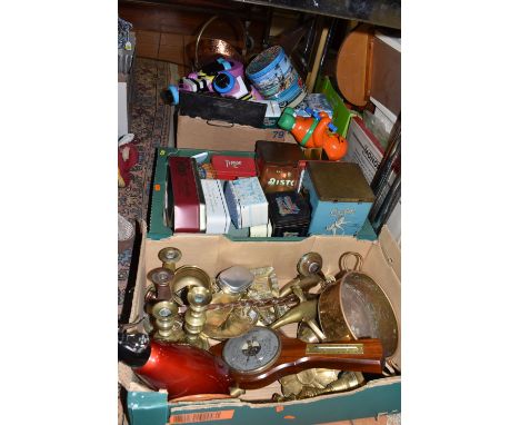 FIVE BOXES AND LOOSE METALWARE AND SUNDRY ITEMS, to include a copper helmet form coal scuttle, a heavy copper poker with twis