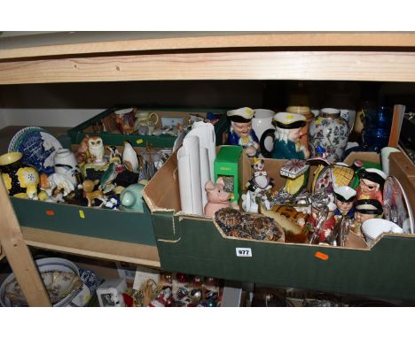 THREE BOXES AND LOOSE MOSTLY DECORATIVE CERAMICS to comprising a quantity of animal-themed ornaments to include penguins, dee