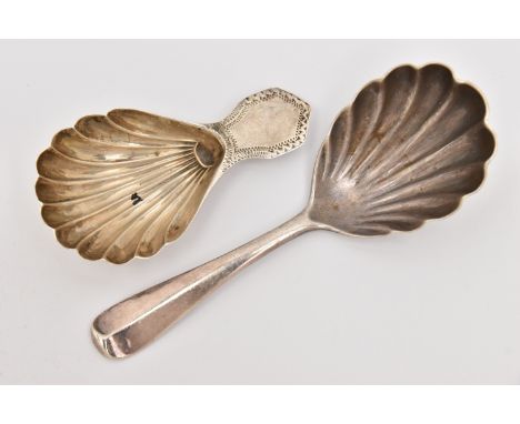 TWO SHELL SHAPE CADDY SPOONS, to include a bright cut spoon with shell shape bowl, hallmarked 'Harry Freeman' Chester 1910, l