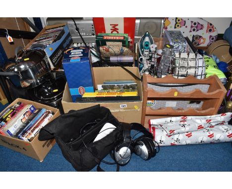 SIX BOXES AND LOOSE MISCELLANEOUS ITEMS, to include two boxes of assorted DVDS comprising approximately fifteen film and boxs