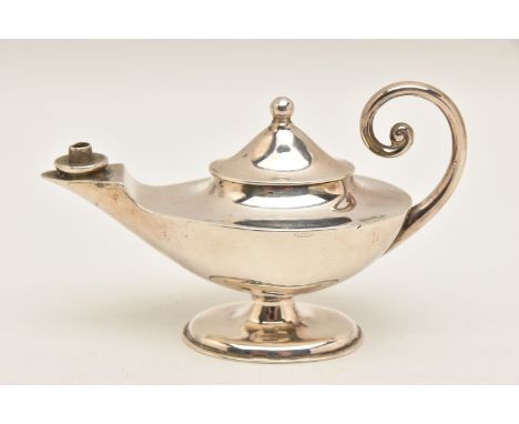 A GEORGE V SILVER OIL BURNER, in the form of a lamp, with scroll handle, hallmarked 'Robert &amp; Belk' Sheffield 1935, appro