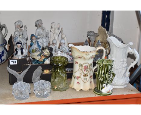 ONE BOX AND LOOSE GLASSWARE AND ORNAMENTS, to include two Goebel  frosted glass paperweights featuring an eagle and a hawk, a