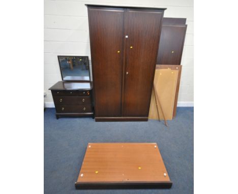A STAG MINSTREL THREE PIECE BEDROOM SUITE, comprising two wardrobes, width 118cm x depth 61cm x height 204cm, along with a dr